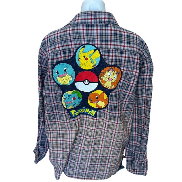 Pikachu Flannel Plaid Shirt Shacket XL Oversized One of Kind Upcycled Pokemon - Picture 1 of 7